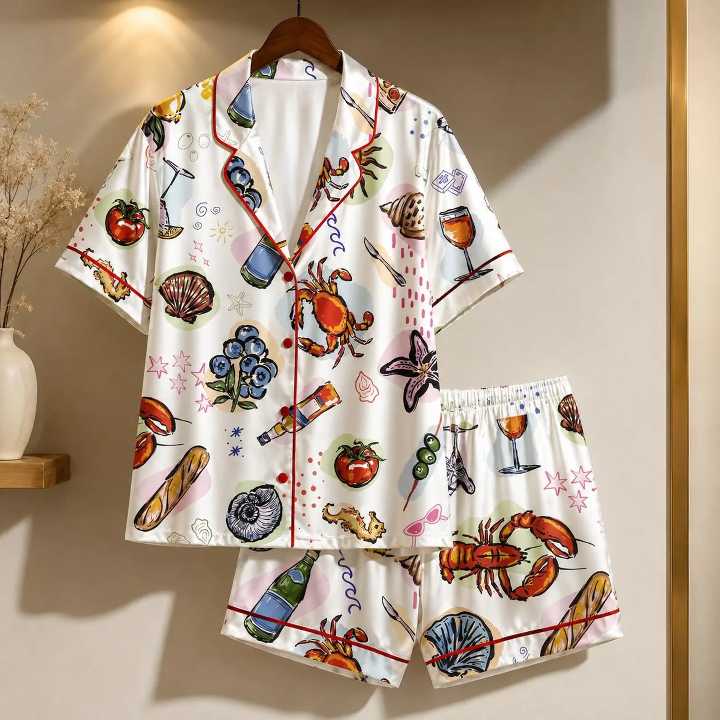 Luxury Satin Pajama Set - Coastal Seafood Ocean Inspired Sleepwear Loungewear