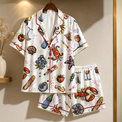 Luxury Satin Pajama Set - Coastal Seafood Ocean Inspired Sleepwear Loungewear