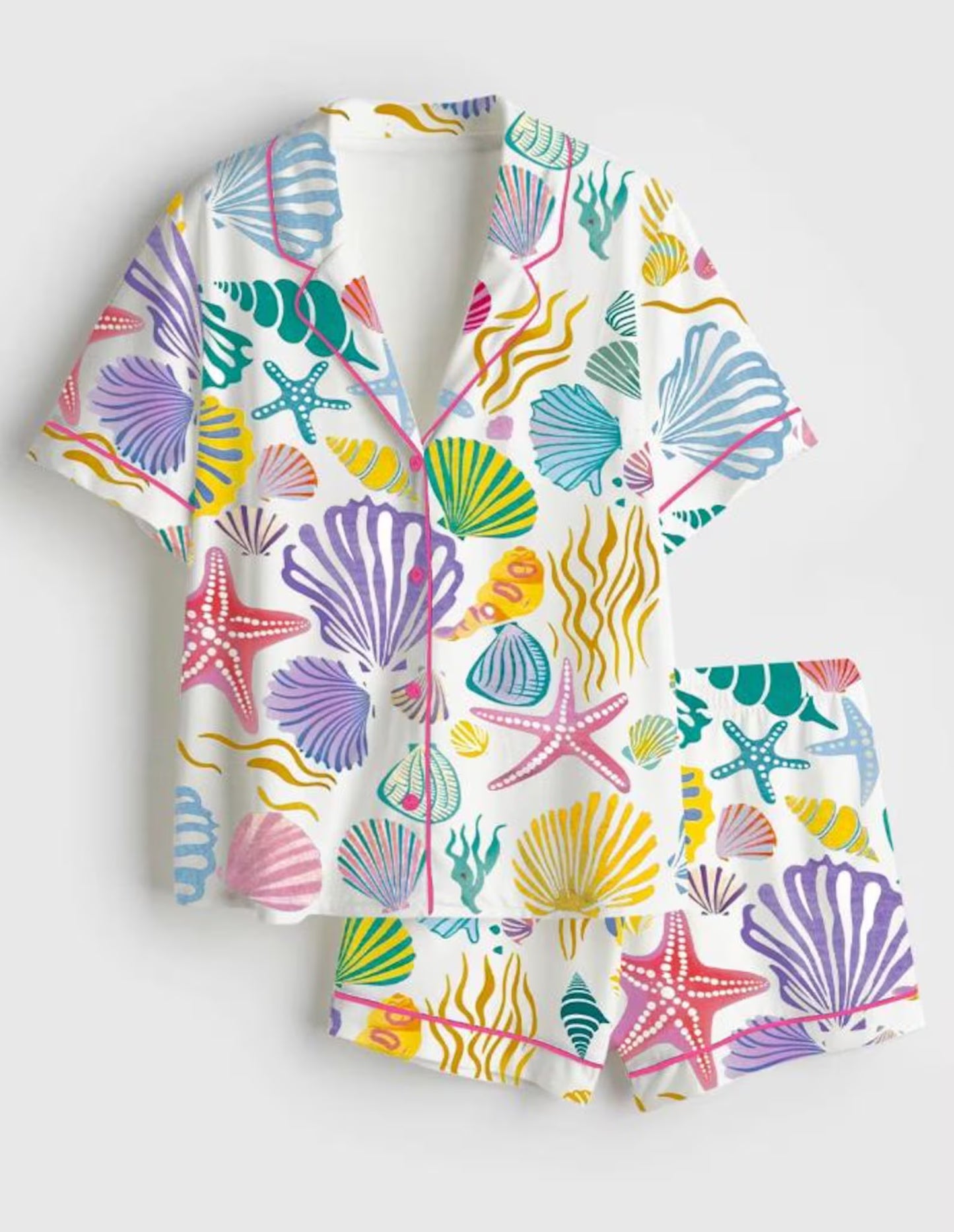 Luxury Satin Pajama Set - Colorful Sea Shell Ocean Inspired Sleepwear Loungewear