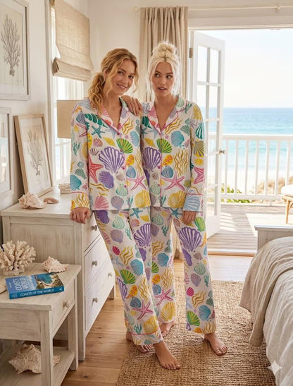 Luxury Satin Pajama Set - Colorful Sea Shell Ocean Inspired Sleepwear Loungewear