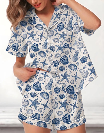 Luxury Satin Pajama Set - Coastal Grandmillennial Nautical Ocean Inspired Sleepwear Loungewear