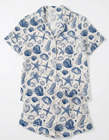 Luxury Satin Pajama Set - Coastal Grandmillennial Nautical Ocean Inspired Sleepwear Loungewear
