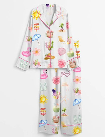Luxury Satin Pajama Set - Watercolor Beach Ocean Inspired Sleepwear Loungewear