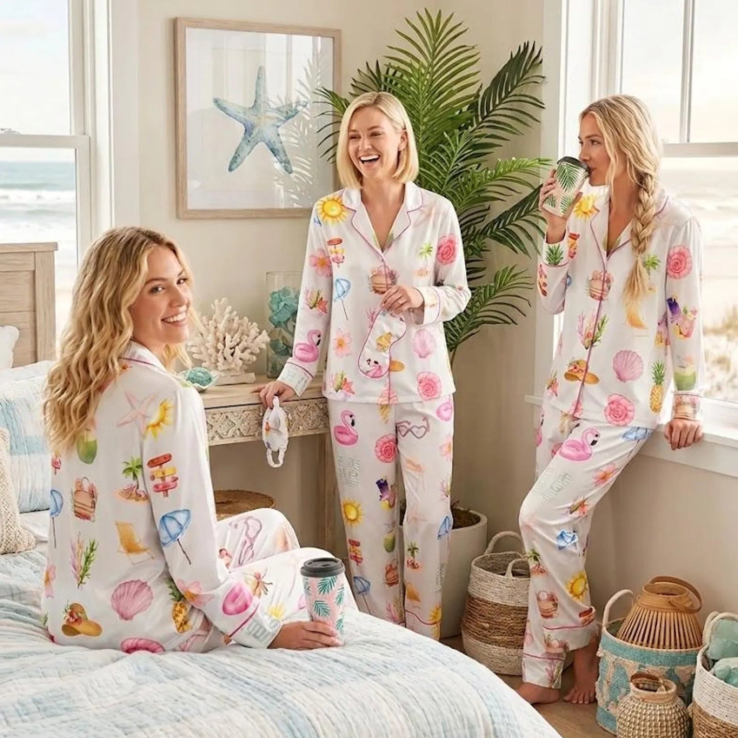 Luxury Satin Pajama Set - Watercolor Beach Ocean Inspired Sleepwear Loungewear