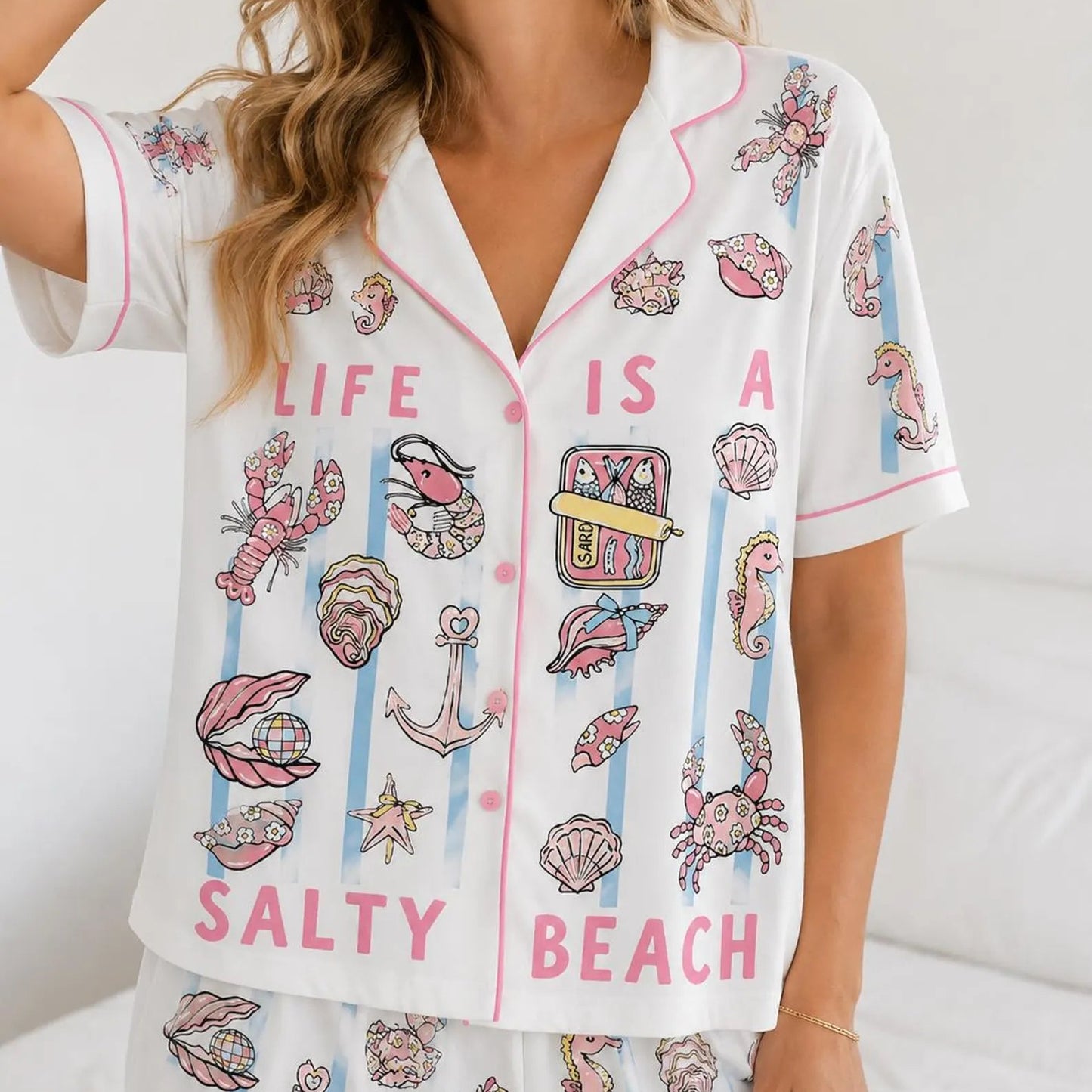 Luxury Satin Pajama Set - Ocean Print Soft Coastal Sleepwear Loungewear