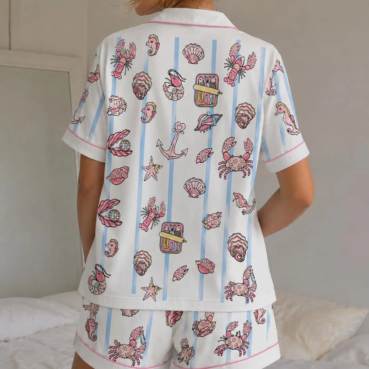 Luxury Satin Pajama Set - Ocean Print Soft Coastal Sleepwear Loungewear