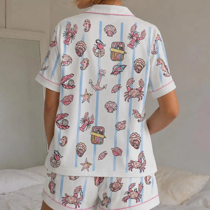 Luxury Satin Pajama Set - Ocean Print Soft Coastal Sleepwear Loungewear