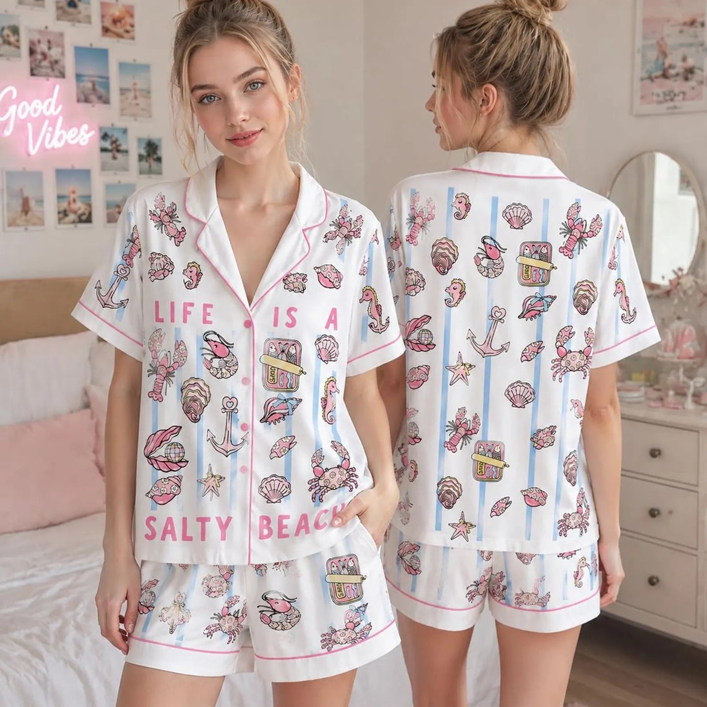 Luxury Satin Pajama Set - Ocean Print Soft Coastal Sleepwear Loungewear