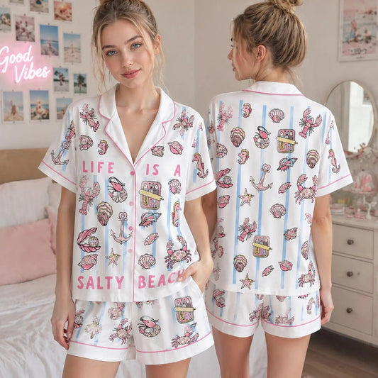 Luxury Satin Pajama Set - Ocean Print Soft Coastal Sleepwear Loungewear