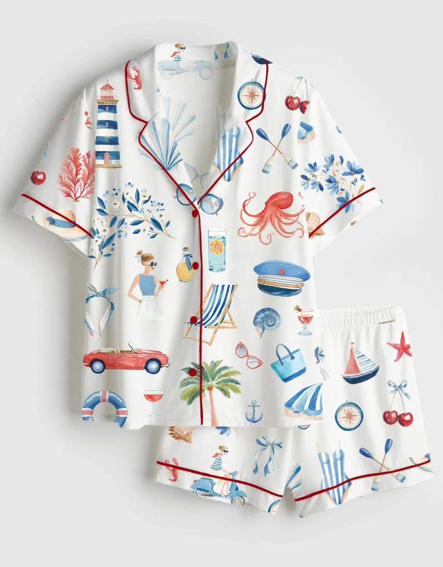 Luxury Satin Pajama Set - Coastal Nautical Ocean Inspired Sleepwear Loungewear