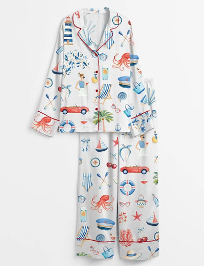 Luxury Satin Pajama Set - Coastal Nautical Ocean Inspired Sleepwear Loungewear