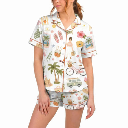 Luxury Satin Pajama Set - Palm Tree & Bicycle Coastal Ocean Inspired Sleepwear Loungewear