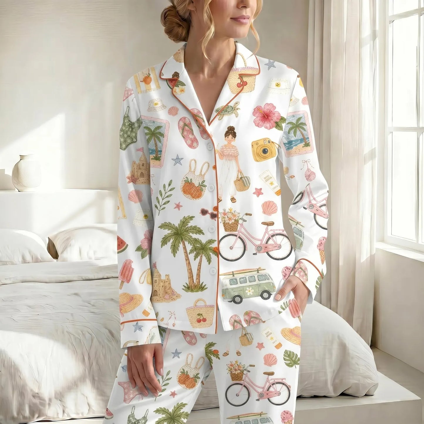 Luxury Satin Pajama Set - Palm Tree & Bicycle Coastal Ocean Inspired Sleepwear Loungewear