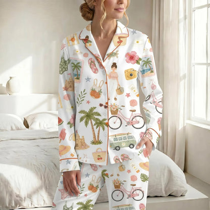 Luxury Satin Pajama Set - Palm Tree & Bicycle Coastal Ocean Inspired Sleepwear Loungewear