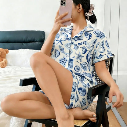 Luxury Satin Pajama Set - Comfortable Starfish Shell Conch Print Coastal Sleepwear