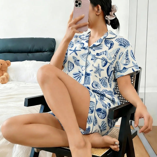 Luxury Satin Pajama Set - Comfortable Starfish Shell Conch Print Coastal Sleepwear