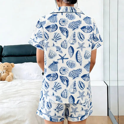 Luxury Satin Pajama Set - Comfortable Starfish Shell Conch Print Coastal Sleepwear