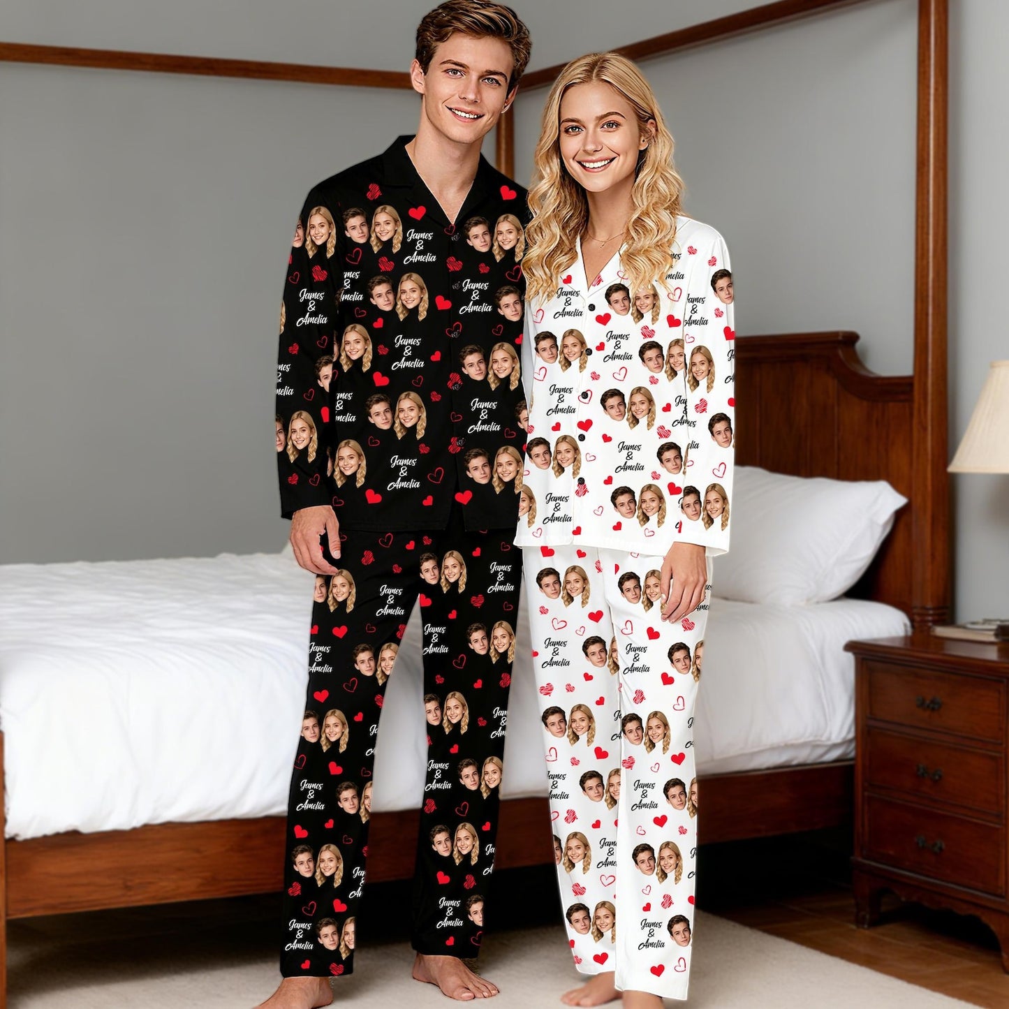 Custom Face Pajama Set – Personalized Photo Sleepwear, Valentine Gift for Couples