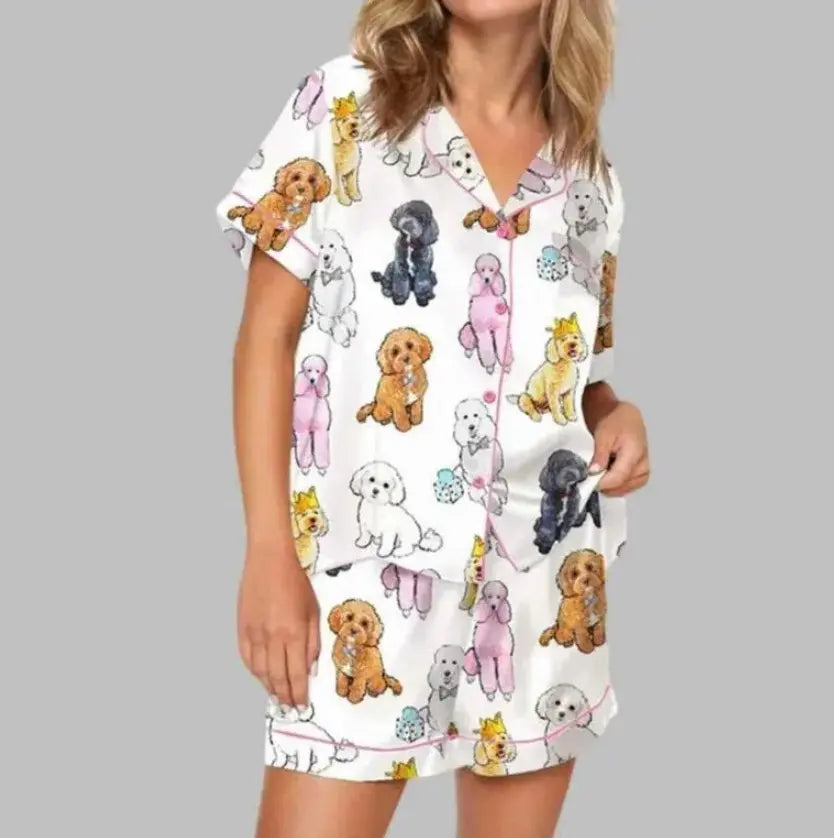 Luxury Satin Pajama Set - Unique Poodle Dog Cartoon Puppy & Crown Pattern Sleepwear Loungewear