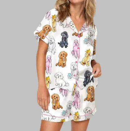 Luxury Satin Pajama Set - Unique Poodle Dog Cartoon Puppy & Crown Pattern Sleepwear Loungewear