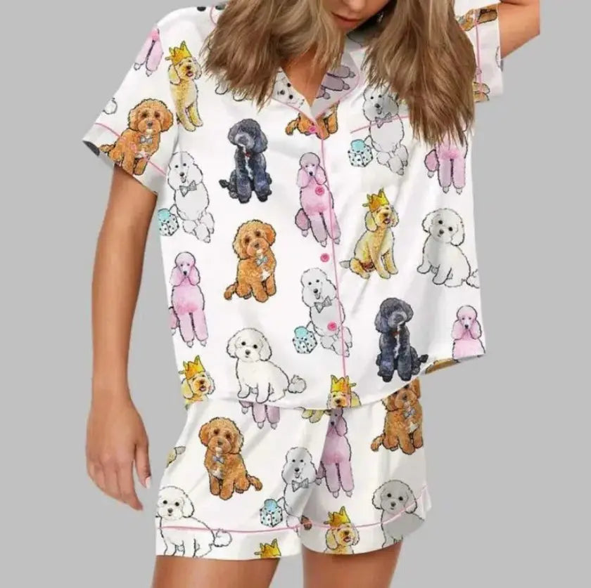 Luxury Satin Pajama Set - Unique Poodle Dog Cartoon Puppy & Crown Pattern Sleepwear Loungewear