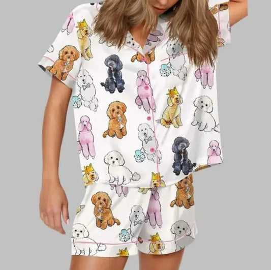 Luxury Satin Pajama Set - Unique Poodle Dog Cartoon Puppy & Crown Pattern Sleepwear Loungewear