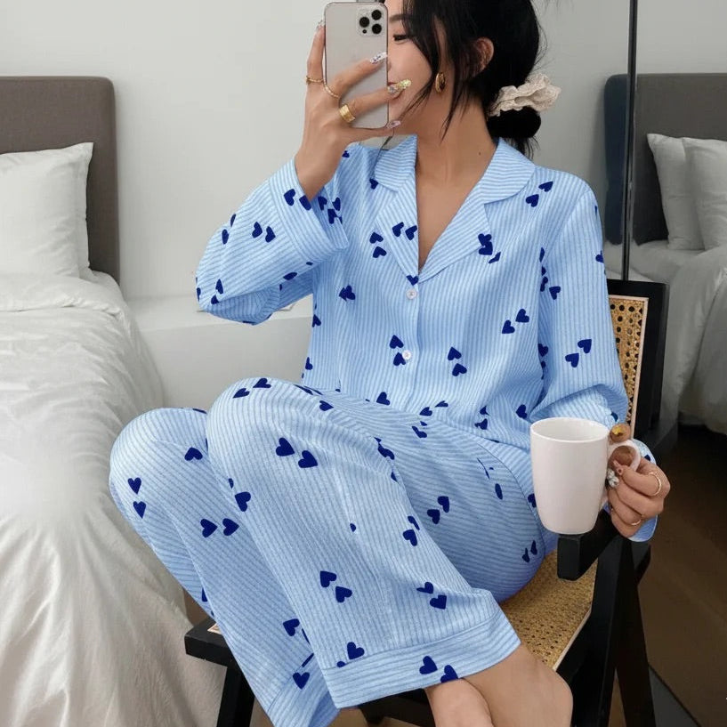 Valentine Stripe & Heart Pajama Set – Women’s Lapel Holiday Sleepwear