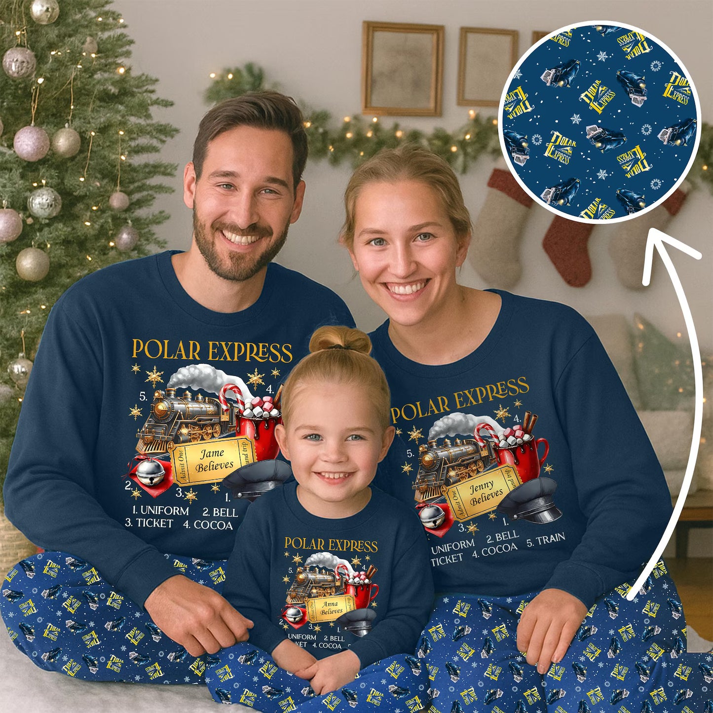 Vintage North Pole Train Pajama Set Personalized Premium Fabric Sleepwear for Family Cozy Holiday Blue Christmas Gift