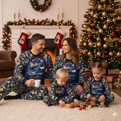 Custom Name North Pole Train Family Christmas Pajama Set Satin Matching Holiday Sleepwear Cozy Winter Gift