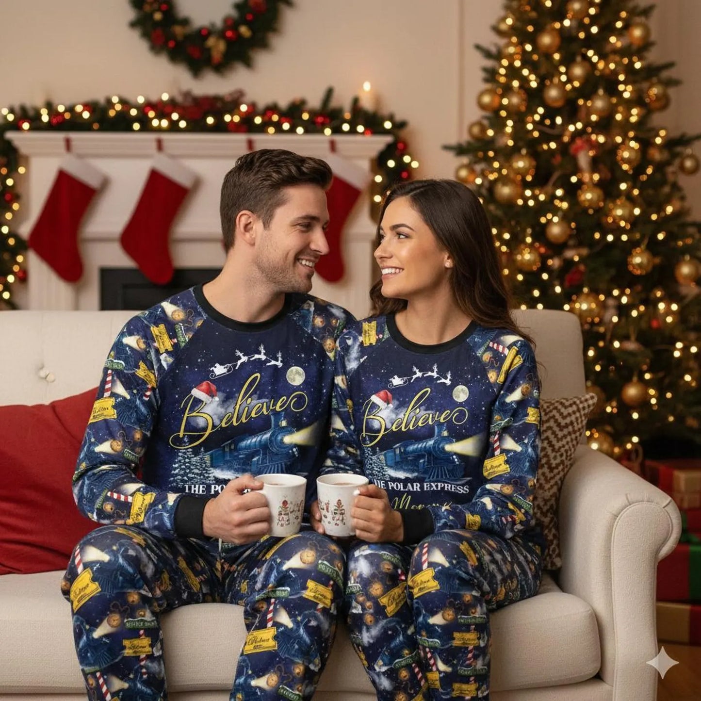 Custom Name North Pole Train Family Christmas Pajama Set Satin Matching Holiday Sleepwear Cozy Winter Gift