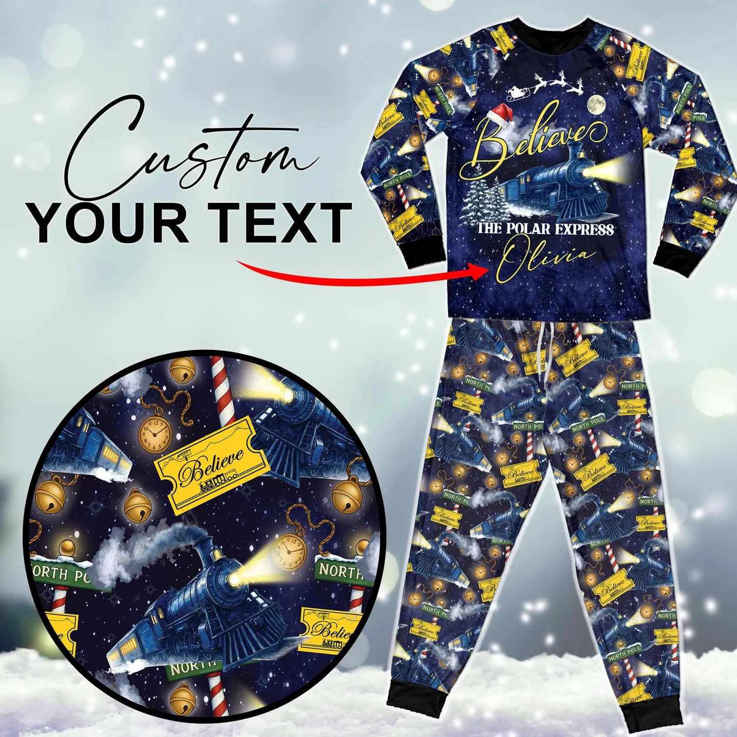 Custom Name North Pole Train Family Christmas Pajama Set Satin Matching Holiday Sleepwear Cozy Winter Gift