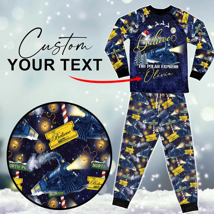 Custom Name North Pole Train Family Christmas Pajama Set Satin Matching Holiday Sleepwear Cozy Winter Gift