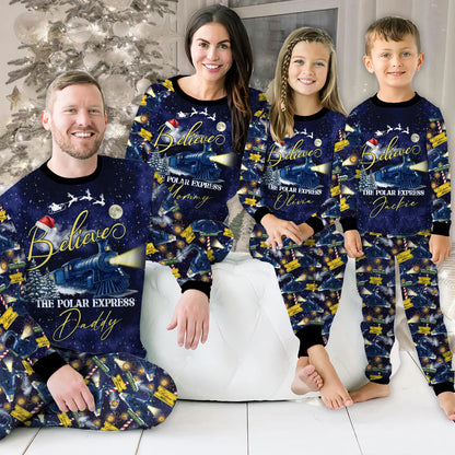 Custom Name North Pole Train Family Christmas Pajama Set Satin Matching Holiday Sleepwear Cozy Winter Gift