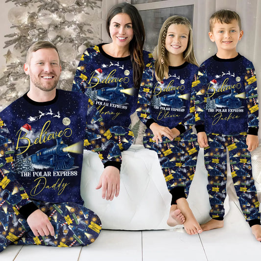 Custom Name North Pole Train Family Christmas Pajama Set Satin Matching Holiday Sleepwear Cozy Winter Gift