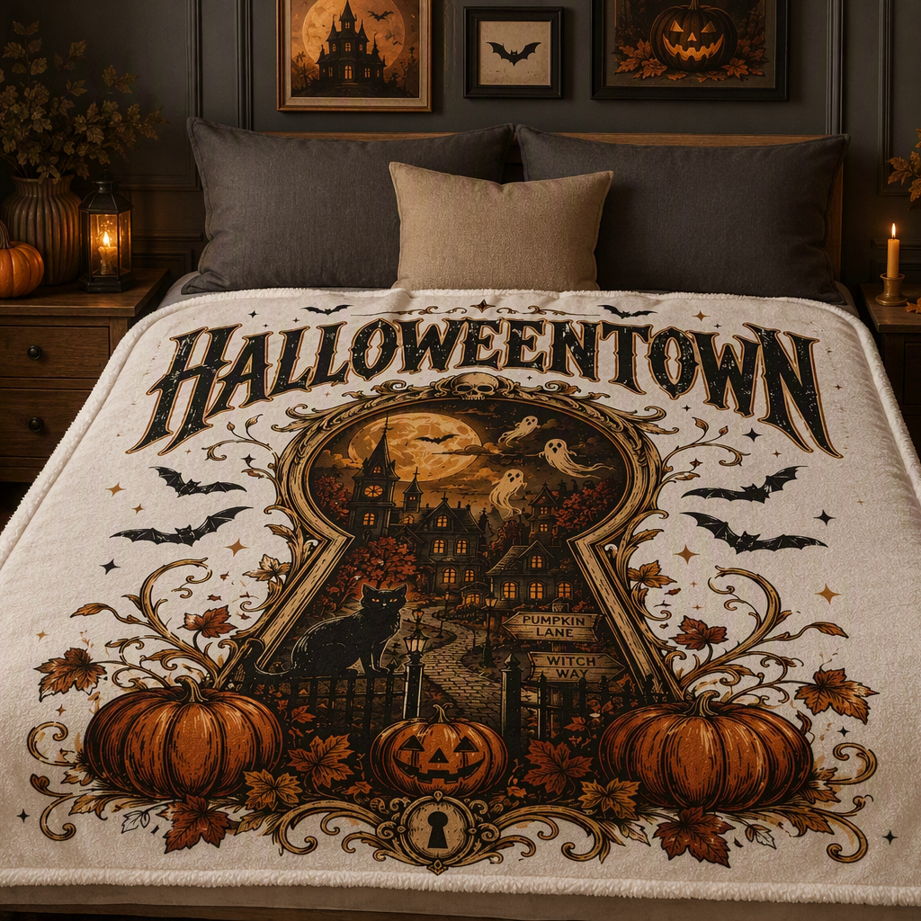 Vintage Halloweentown Pumpkin Keyhole Blanket Gothic Autumn Throw