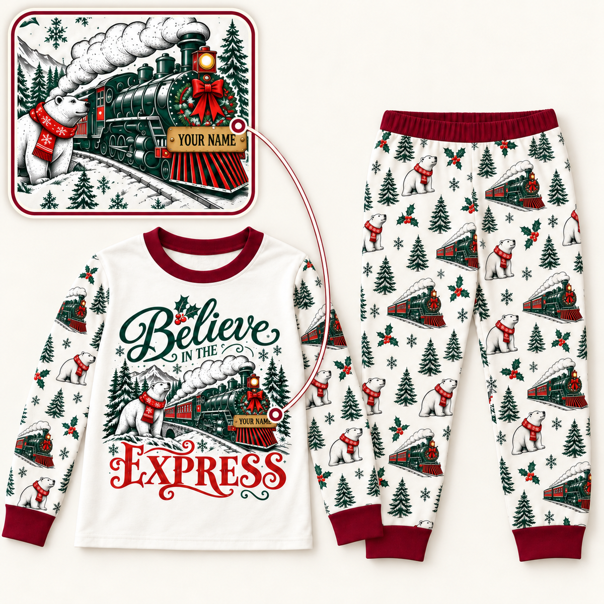 Personalized Believe Express Family Christmas Pajamas – Burgundy Trim