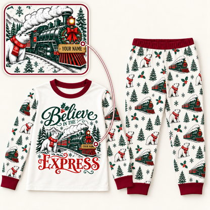 Personalized Believe Express Family Christmas Pajamas – Burgundy Trim
