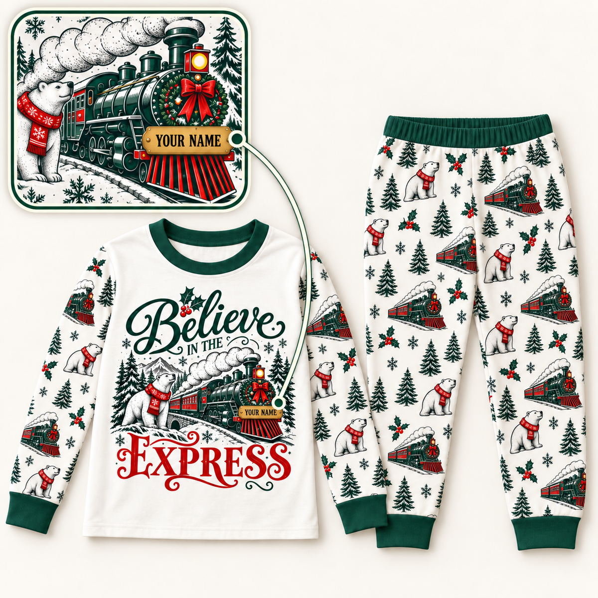 Personalized Believe Express Family Christmas Pajamas – Forest Green Trim