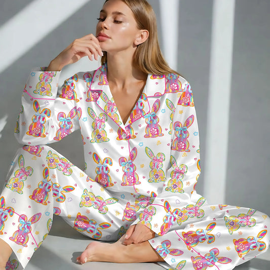 Coquette Easter Bunny Pajama Set for Women – Cute Girly Satin PJs, Long or Short Sleeve Spring Sleepwear, Happy Easter Gift