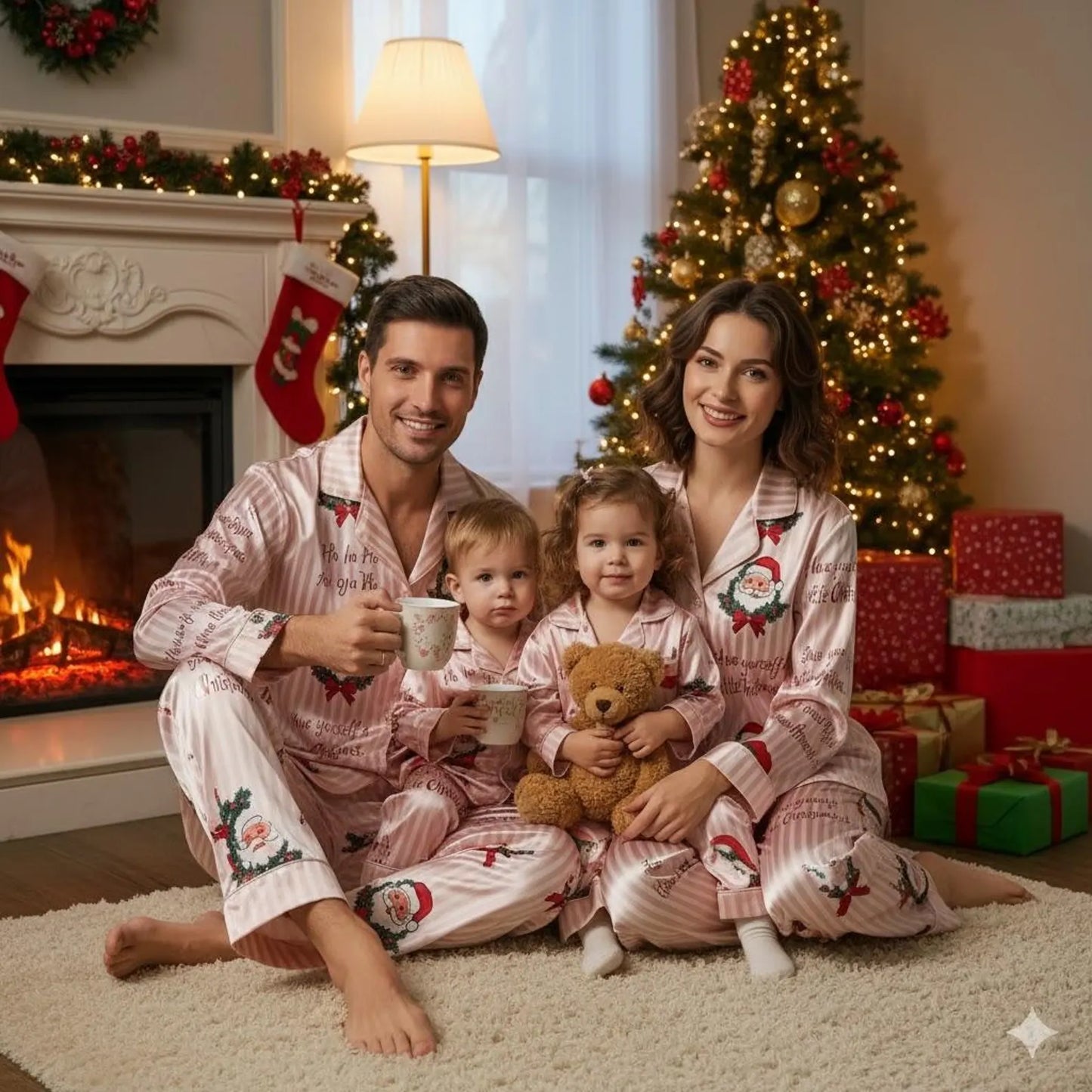 Pink Santa Satin Christmas Pajama Set – Cozy Striped Holiday Sleepwear for Women and Family Matching