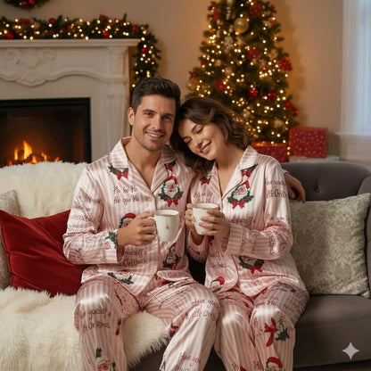 Pink Santa Satin Christmas Pajama Set – Cozy Striped Holiday Sleepwear for Women and Family Matching