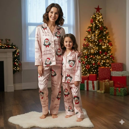 Pink Santa Satin Christmas Pajama Set – Cozy Striped Holiday Sleepwear for Women and Family Matching