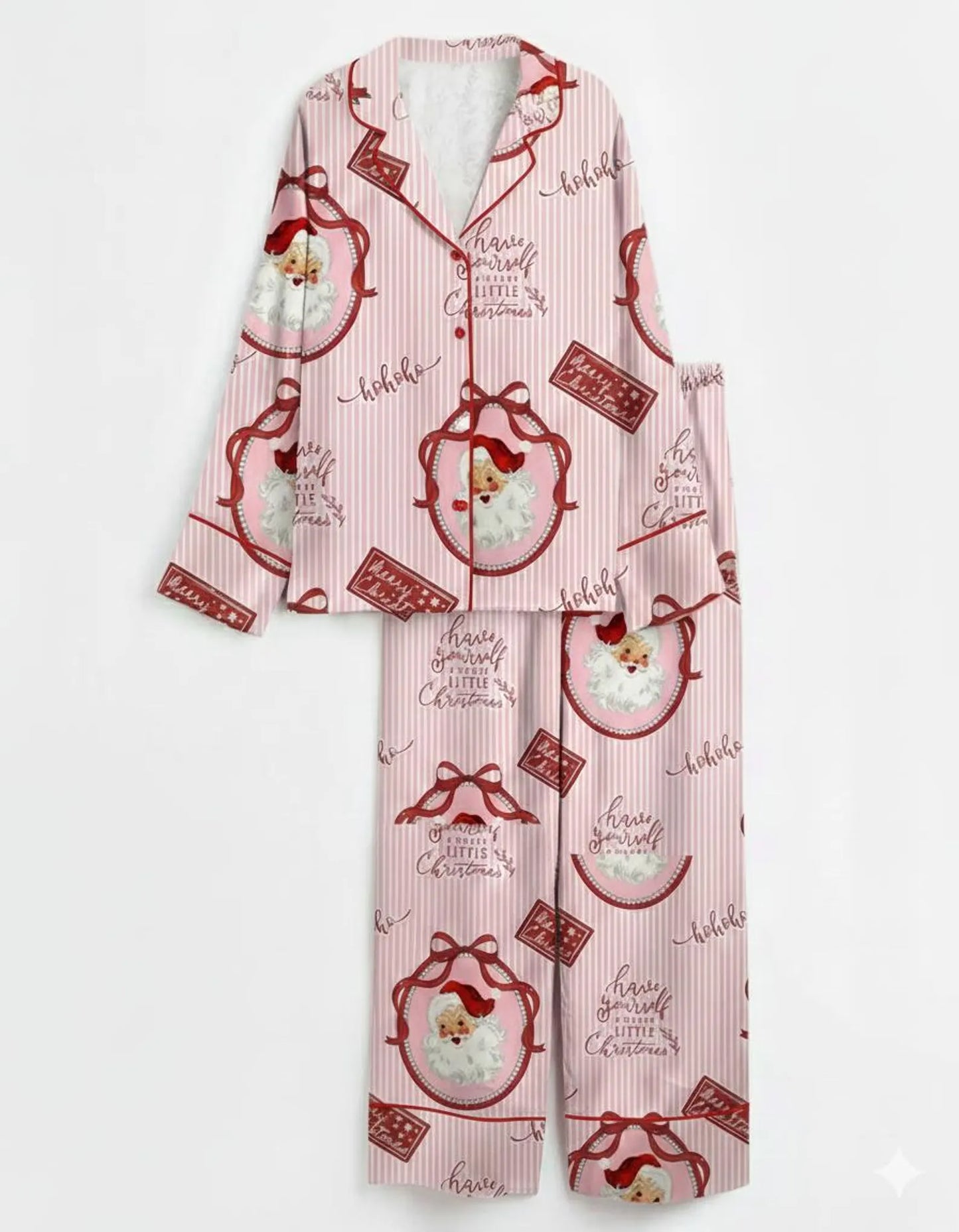 Retro Pink Santa Satin Christmas Pajama Set – Vintage Holiday Sleepwear Gift for Women