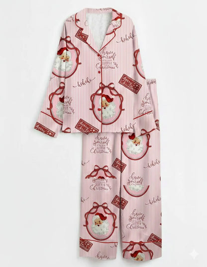 Retro Pink Santa Satin Christmas Pajama Set – Vintage Holiday Sleepwear Gift for Women