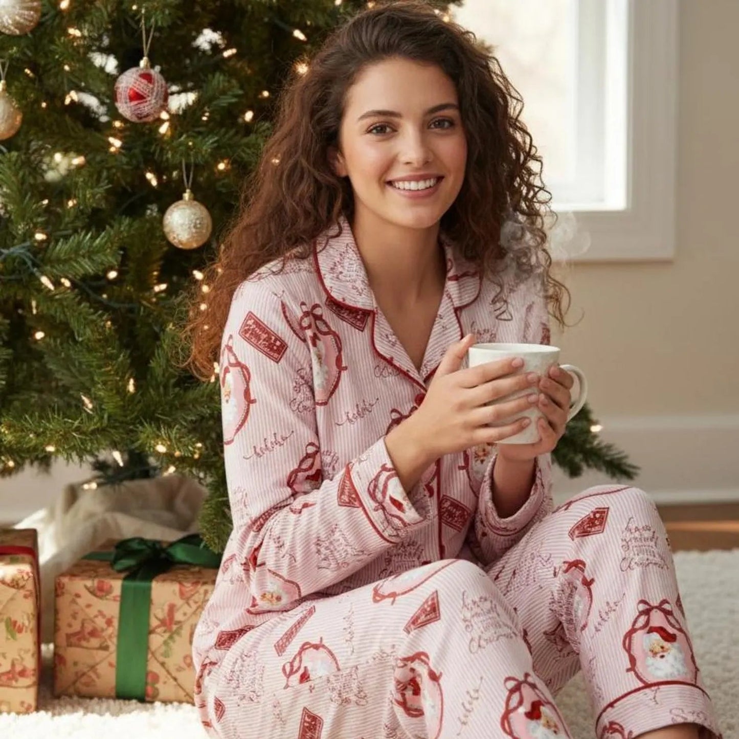 Retro Pink Santa Satin Christmas Pajama Set – Vintage Holiday Sleepwear Gift for Women
