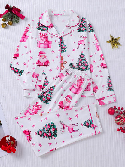 Kids Christmas Satin Pajama Set – 2-Piece Long Sleeve Holiday Sleepwear with Stars & Reindeer Print