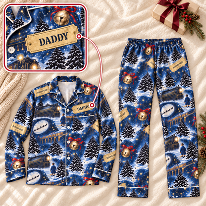 Personalized Blue Christmas Train Family Long-sleeve Pajamas