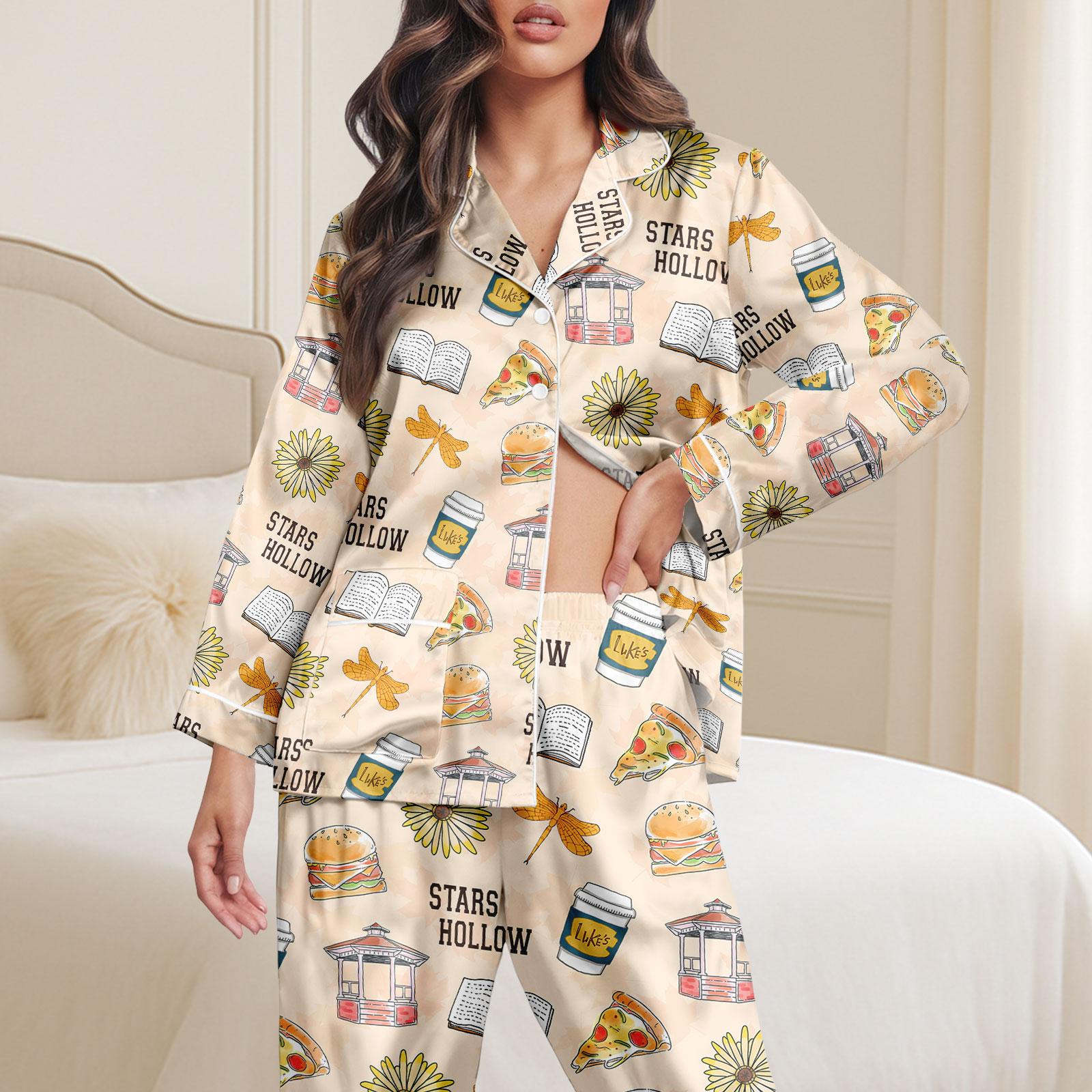 Stars Hollow Satin Pajama Set – Cozy Long Sleeve Lounge Wear for Her
