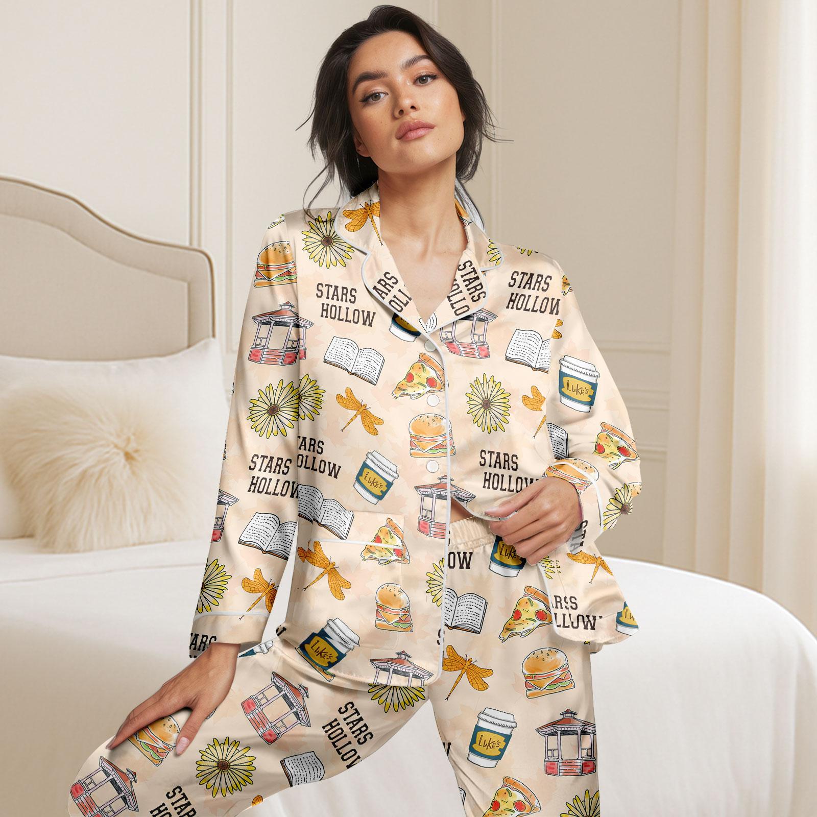 Stars Hollow Satin Pajama Set – Cozy Long Sleeve Lounge Wear for Her