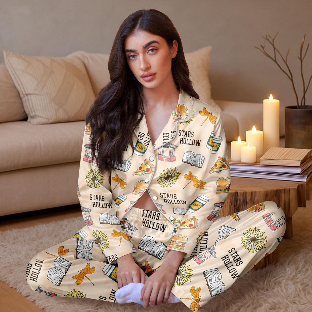 Stars Hollow Satin Pajama Set – Cozy Long Sleeve Lounge Wear for Her